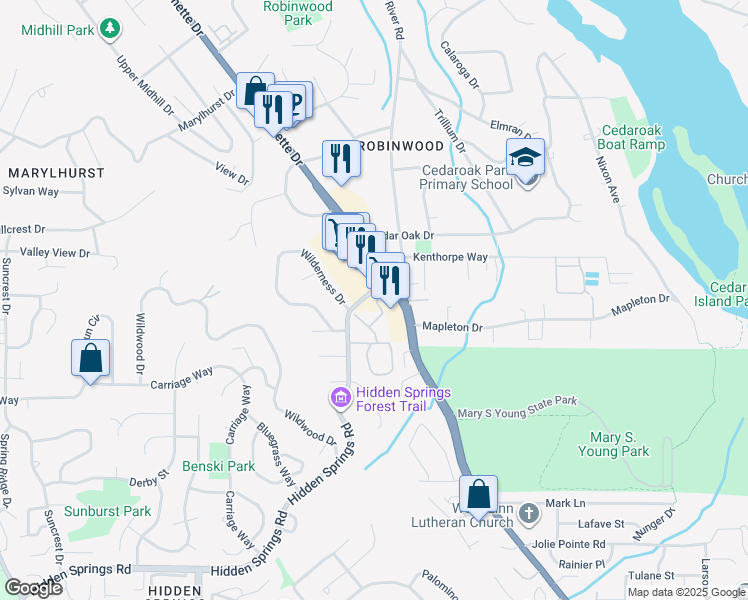 map of restaurants, bars, coffee shops, grocery stores, and more near 4001 Robin Place in West Linn