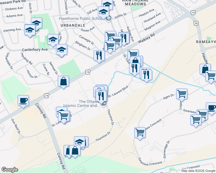 map of restaurants, bars, coffee shops, grocery stores, and more near 2310 Saint Laurent Boulevard in Ottawa