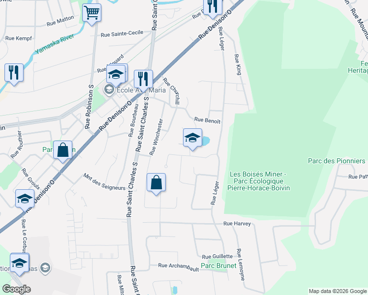 map of restaurants, bars, coffee shops, grocery stores, and more near 448 Rue Duchesneau in Granby