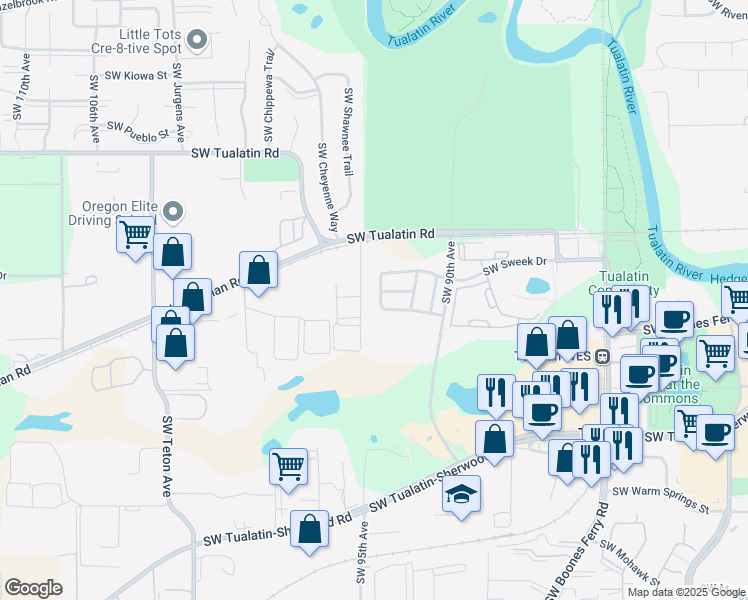 map of restaurants, bars, coffee shops, grocery stores, and more near 9528 Southwest Tualatin Road in Tualatin
