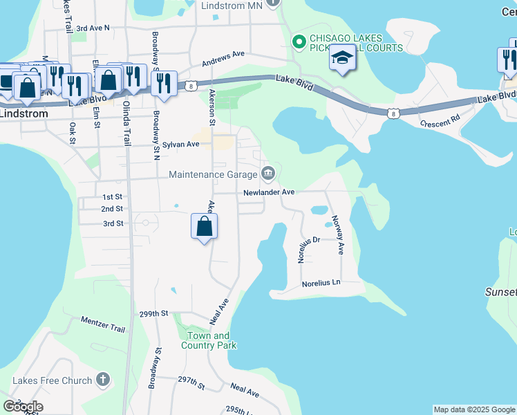 map of restaurants, bars, coffee shops, grocery stores, and more near 13441 Pine View Place in Lindstrom