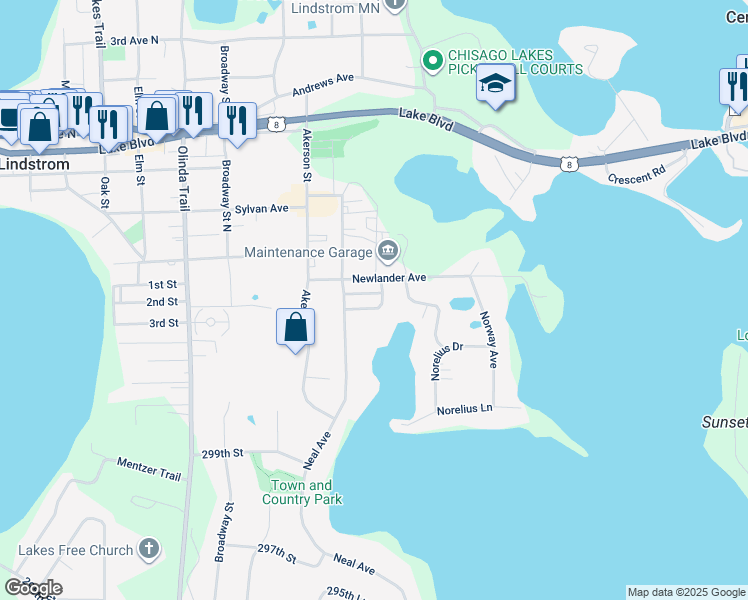 map of restaurants, bars, coffee shops, grocery stores, and more near 13441 Pine View Place in Lindstrom