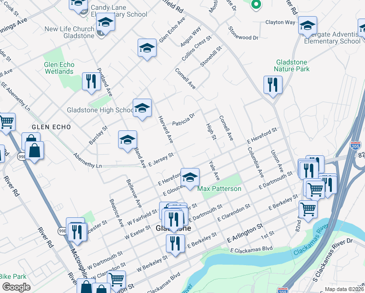 map of restaurants, bars, coffee shops, grocery stores, and more near 350 East Jersey Street in Gladstone
