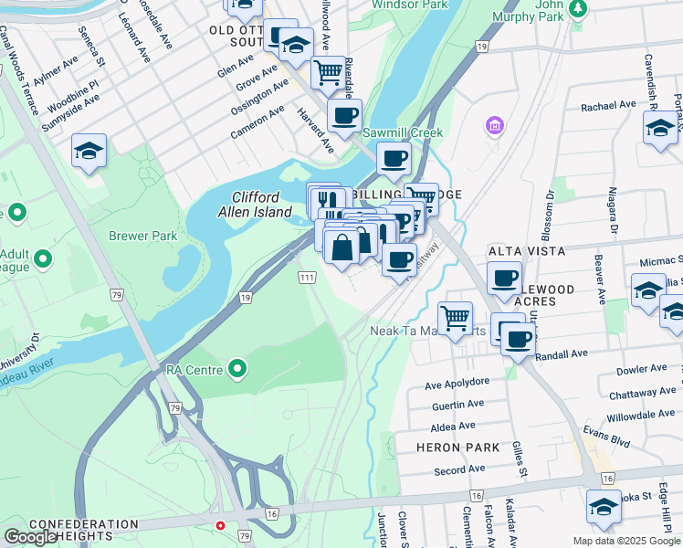 map of restaurants, bars, coffee shops, grocery stores, and more near 2277 Riverside Drive in Ottawa