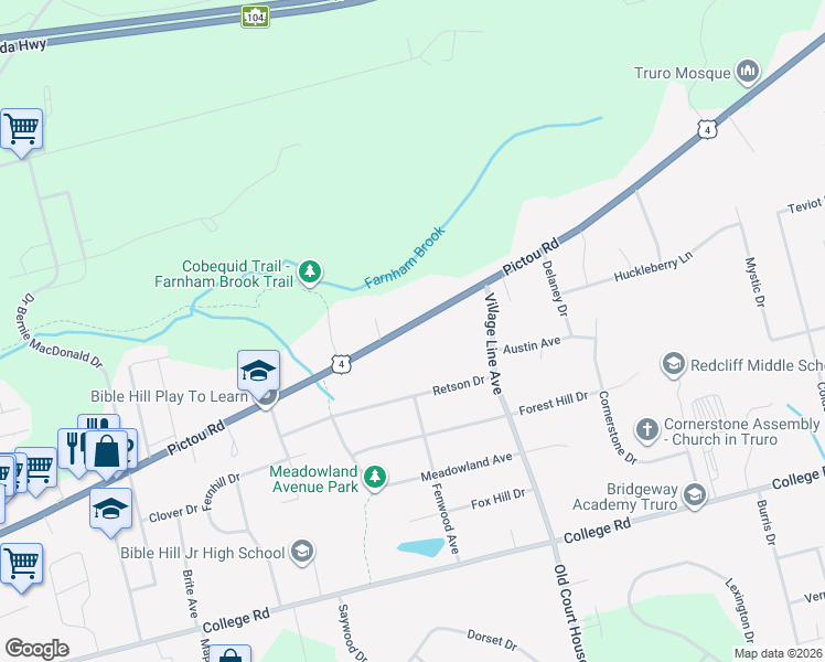 map of restaurants, bars, coffee shops, grocery stores, and more near 389 Pictou Road in Truro