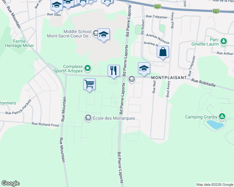 map of restaurants, bars, coffee shops, grocery stores, and more near 475 Rue du Mont-Saint-Bruno in Granby