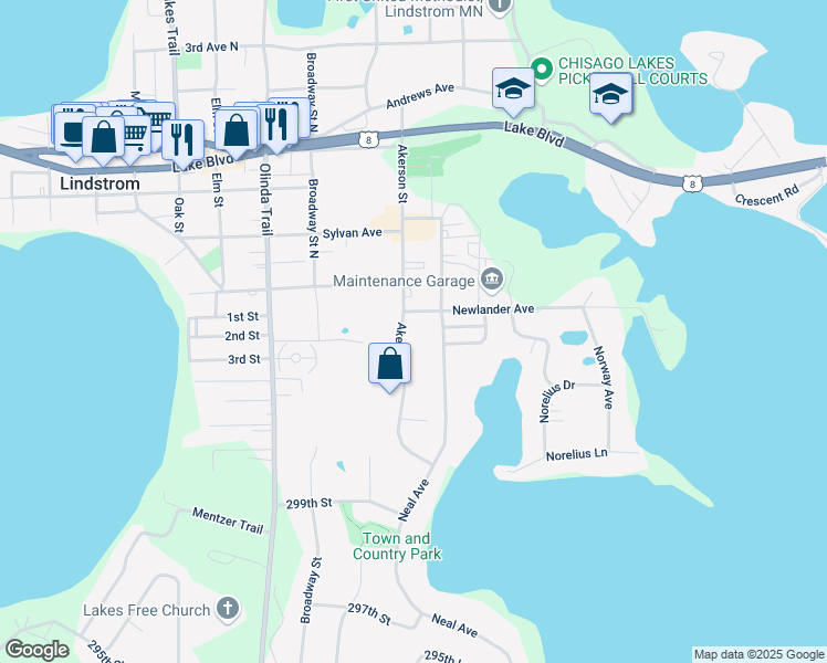 map of restaurants, bars, coffee shops, grocery stores, and more near 30220 Akerson Street in Lindstrom