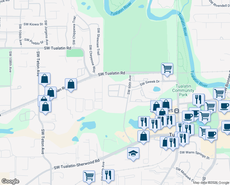 map of restaurants, bars, coffee shops, grocery stores, and more near 9234 Southwest Cascara Lane in Tualatin