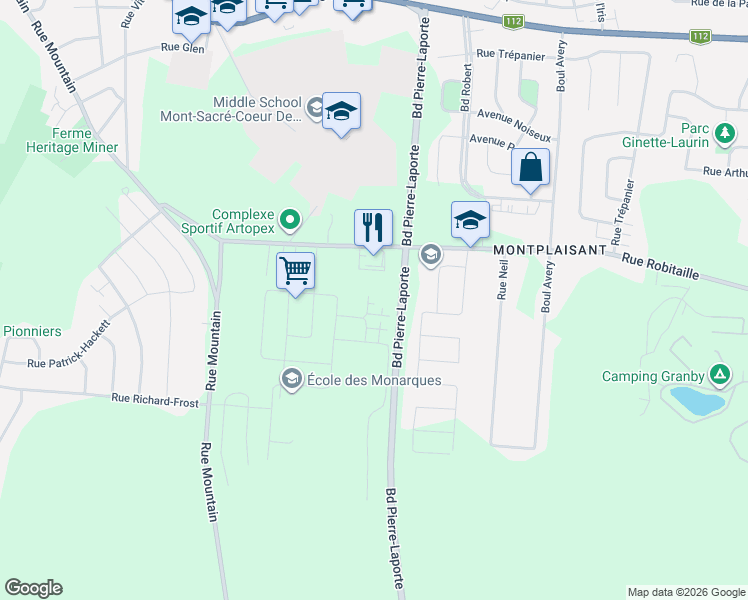 map of restaurants, bars, coffee shops, grocery stores, and more near 451 Rue du Mont-Saint-Bruno in Granby