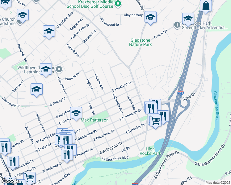 map of restaurants, bars, coffee shops, grocery stores, and more near 625 East Hereford Street in Gladstone