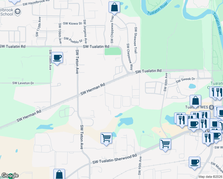 map of restaurants, bars, coffee shops, grocery stores, and more near 9730 Southwest Herman Road in Tualatin