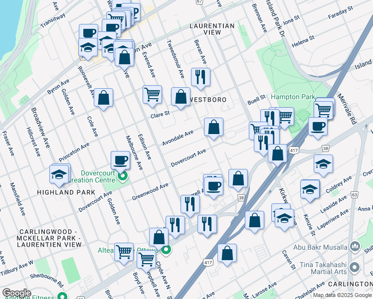 map of restaurants, bars, coffee shops, grocery stores, and more near in Ottawa
