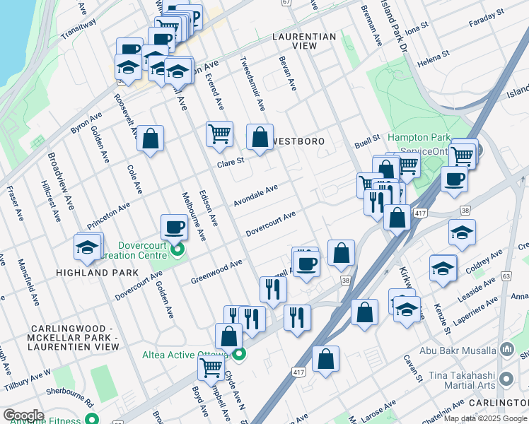map of restaurants, bars, coffee shops, grocery stores, and more near in Ottawa