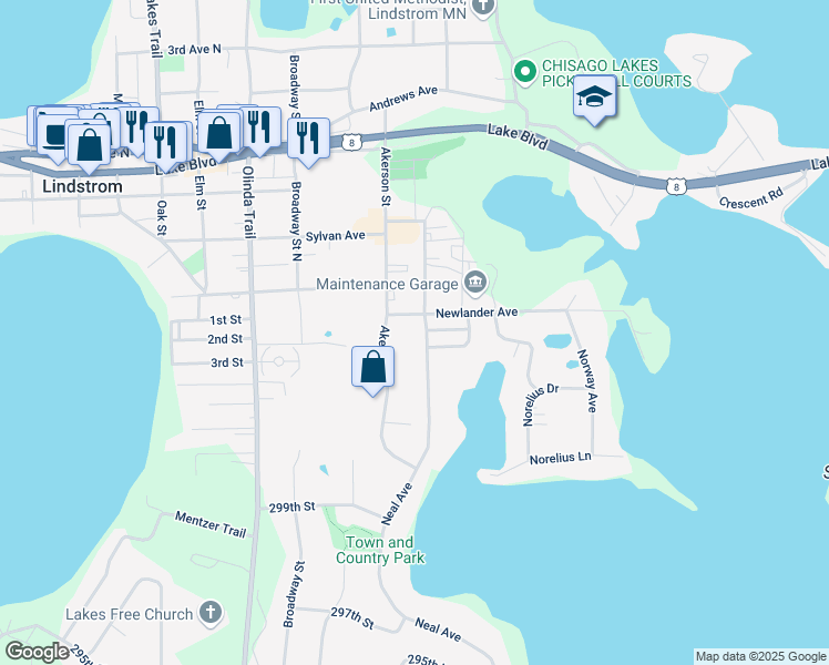 map of restaurants, bars, coffee shops, grocery stores, and more near 30220 Neal Ave in Lindstrom