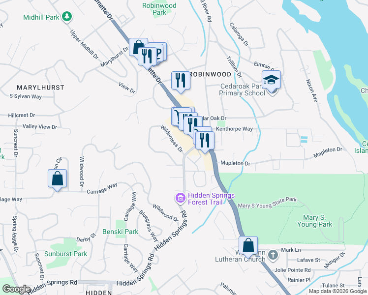 map of restaurants, bars, coffee shops, grocery stores, and more near 19496 Wilderness Drive in West Linn