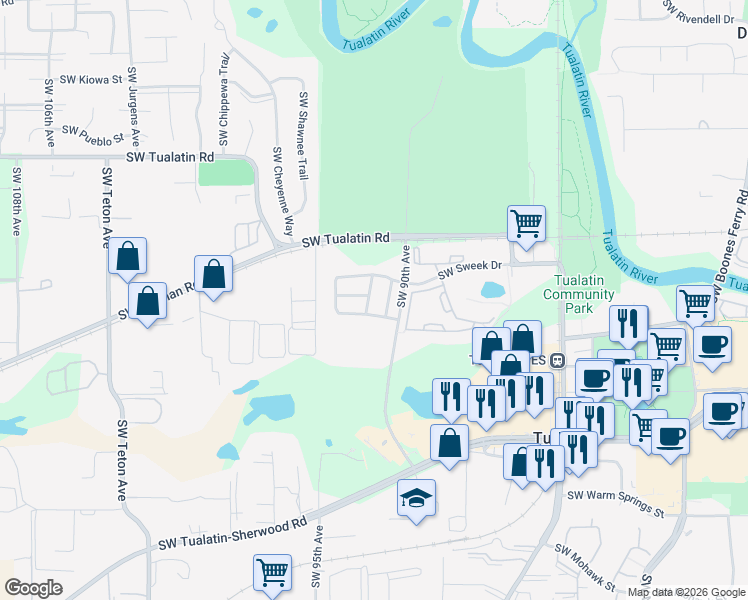 map of restaurants, bars, coffee shops, grocery stores, and more near 18652 Southwest 92nd Terrace in Tualatin