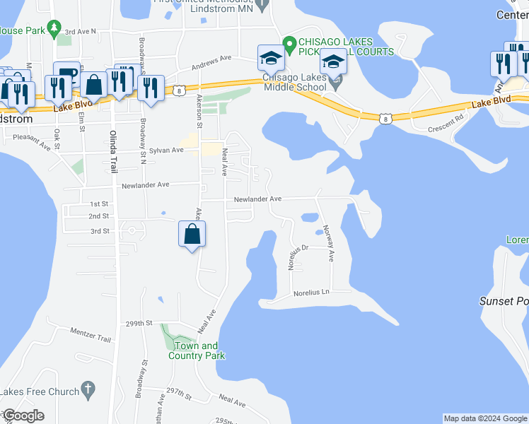 map of restaurants, bars, coffee shops, grocery stores, and more near 30238 Terryll Street in Lindstrom