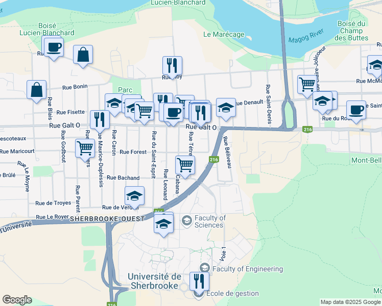 map of restaurants, bars, coffee shops, grocery stores, and more near Rue Tétreault in Sherbrooke