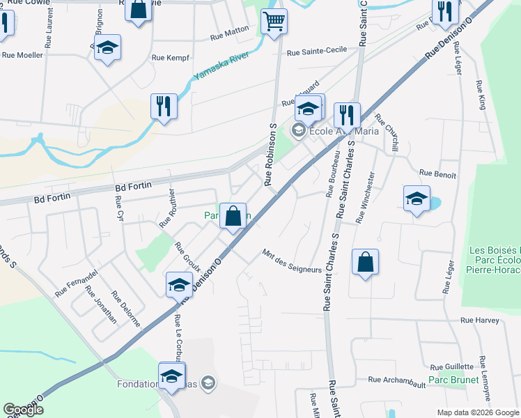 map of restaurants, bars, coffee shops, grocery stores, and more near 533 Rue Denison Ouest in Granby