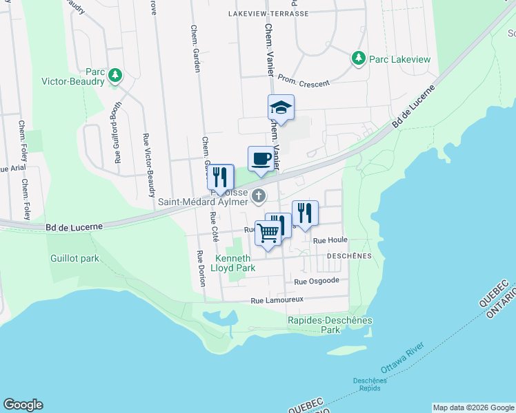 map of restaurants, bars, coffee shops, grocery stores, and more near 25 Rue Saint-Médard in Gatineau