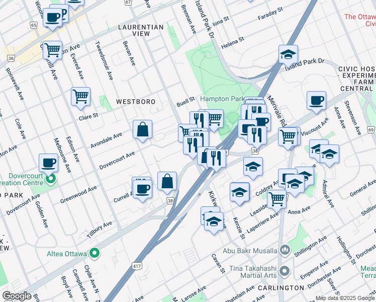 map of restaurants, bars, coffee shops, grocery stores, and more near in Ottawa