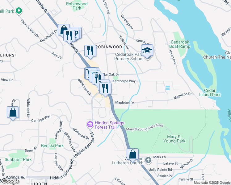 map of restaurants, bars, coffee shops, grocery stores, and more near 20280 Old River Drive in West Linn