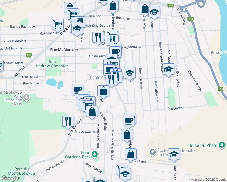 map of restaurants, bars, coffee shops, grocery stores, and more near 1335 Rue Belvédère Sud in Sherbrooke