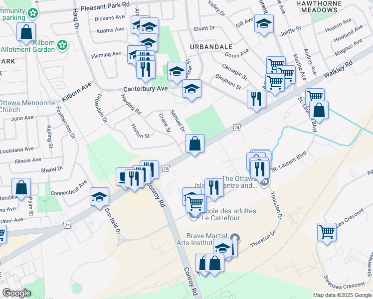 map of restaurants, bars, coffee shops, grocery stores, and more near 2077 Walkley Road in Ottawa