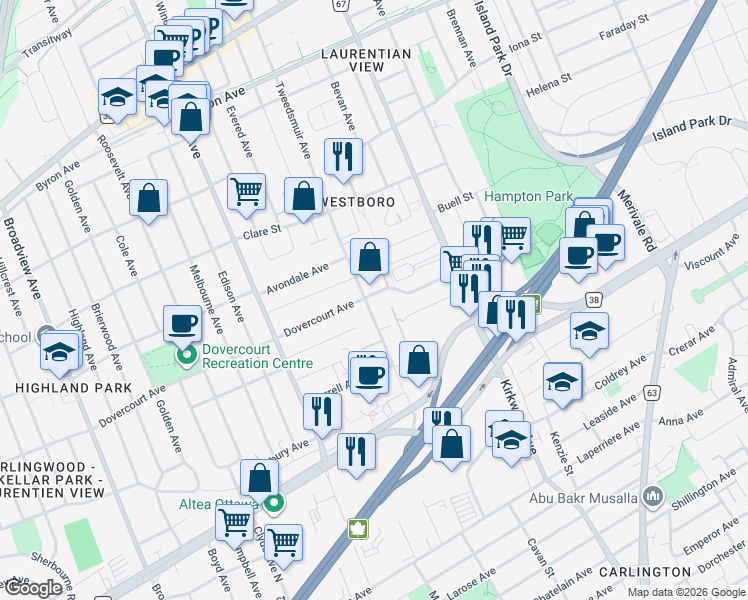 map of restaurants, bars, coffee shops, grocery stores, and more near 257 Dovercourt Avenue in Ottawa
