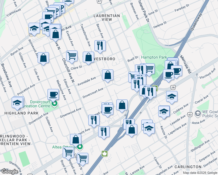 map of restaurants, bars, coffee shops, grocery stores, and more near 641 Tweedsmuir Avenue in Ottawa