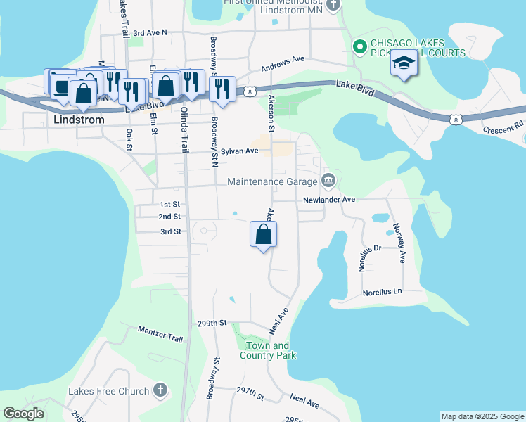 map of restaurants, bars, coffee shops, grocery stores, and more near 30220 Akerson Street in Lindstrom
