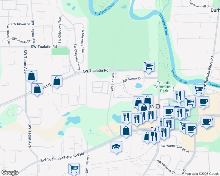 map of restaurants, bars, coffee shops, grocery stores, and more near 18648 Southwest 91st Terrace in Tualatin