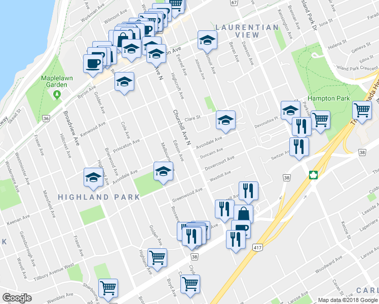 map of restaurants, bars, coffee shops, grocery stores, and more near 598 Churchill Avenue North in Ottawa