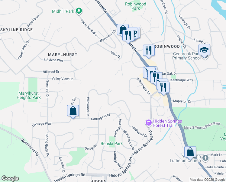 map of restaurants, bars, coffee shops, grocery stores, and more near 19700 Wildwood Drive in West Linn