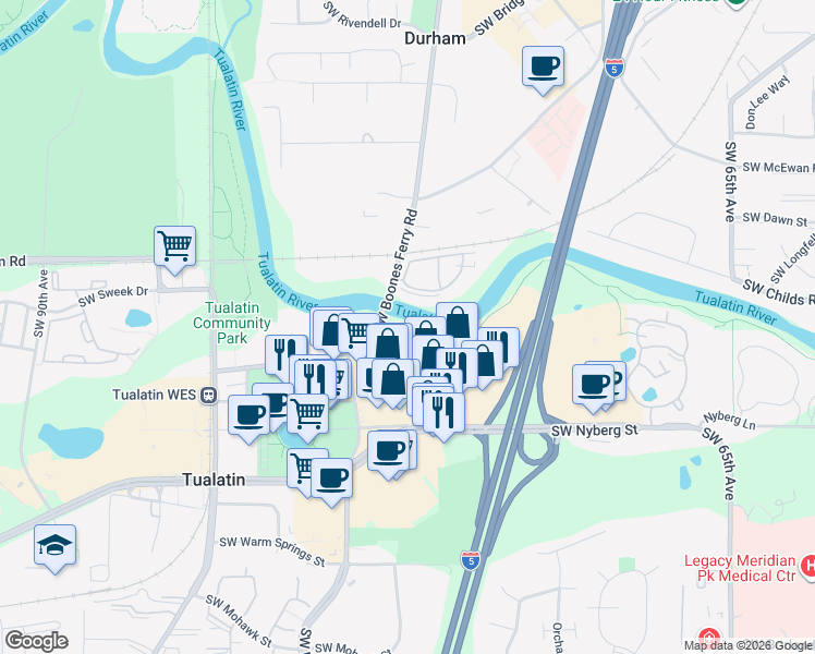 map of restaurants, bars, coffee shops, grocery stores, and more near 18540 Southwest Boones Ferry Road in Tualatin