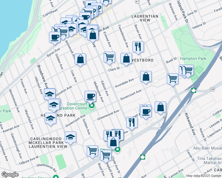 map of restaurants, bars, coffee shops, grocery stores, and more near 598 Churchill Avenue North in Ottawa