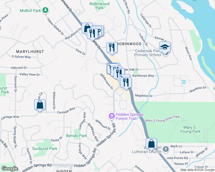 map of restaurants, bars, coffee shops, grocery stores, and more near 19481 Wilderness Drive in West Linn