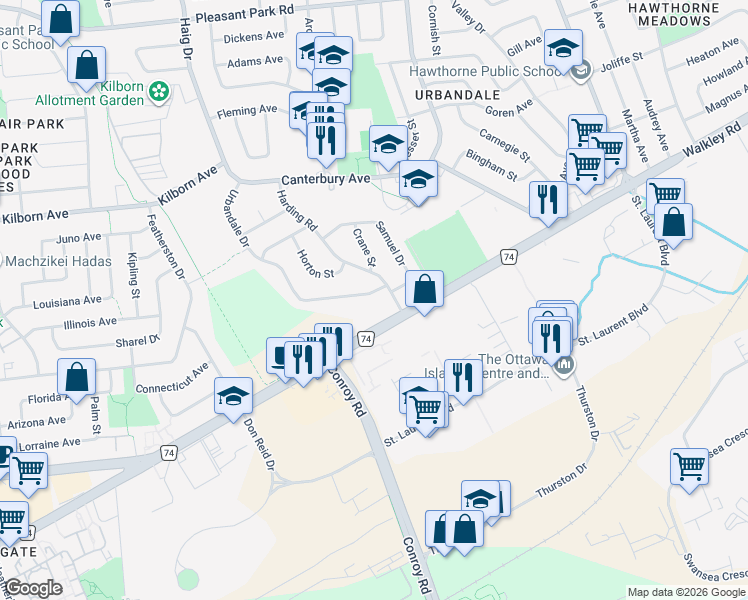 map of restaurants, bars, coffee shops, grocery stores, and more near 2380 Urbandale Drive in Ottawa