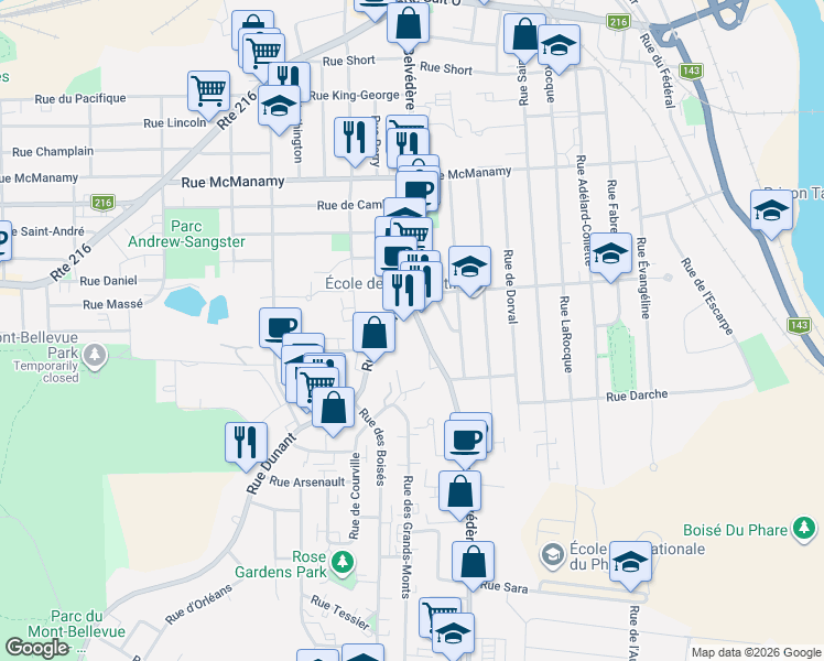 map of restaurants, bars, coffee shops, grocery stores, and more near 1335 Rue Belvédère Sud in Sherbrooke