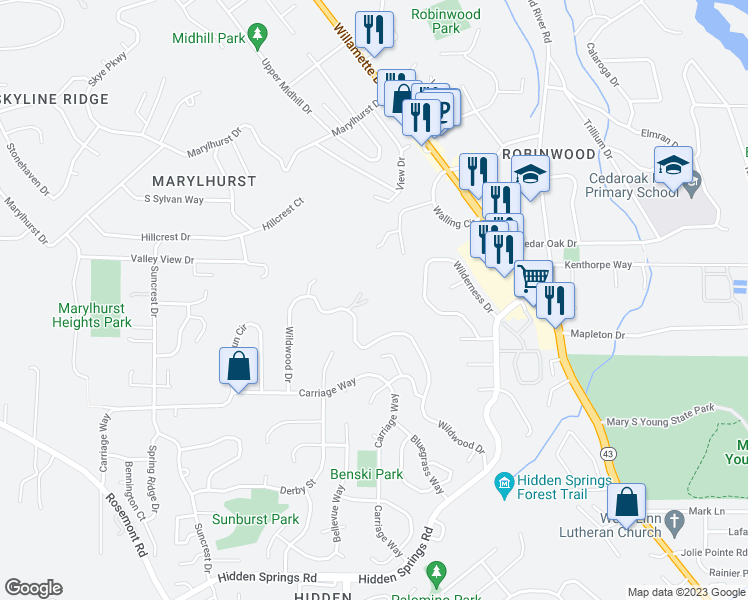 map of restaurants, bars, coffee shops, grocery stores, and more near 19700 Wildwood Drive in West Linn