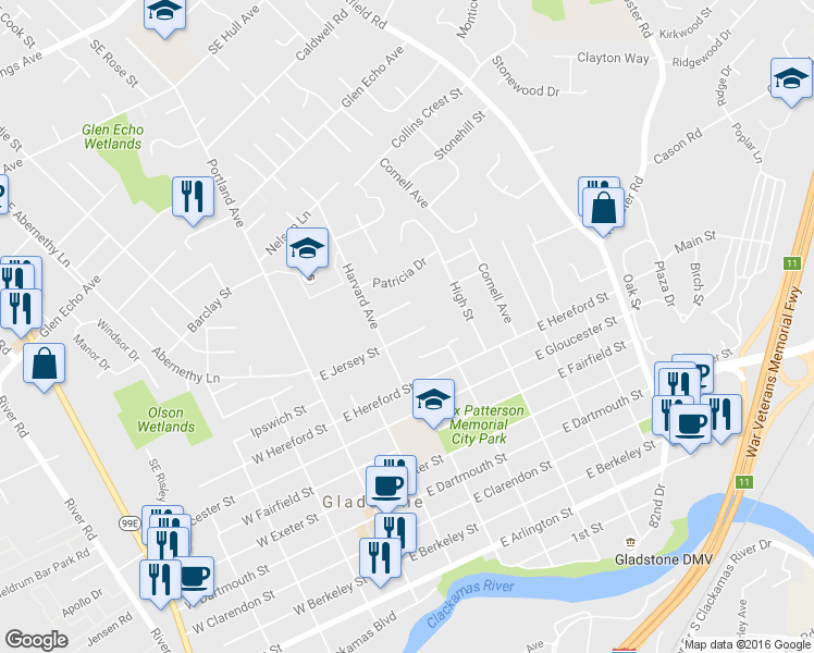 map of restaurants, bars, coffee shops, grocery stores, and more near 350 East Jersey Street in Gladstone