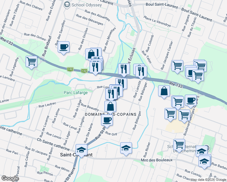 map of restaurants, bars, coffee shops, grocery stores, and more near 2 Rue Longtin in Saint-Constant