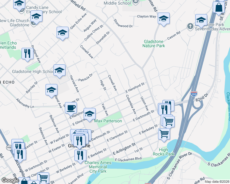 map of restaurants, bars, coffee shops, grocery stores, and more near 910 Cornell Avenue in Gladstone