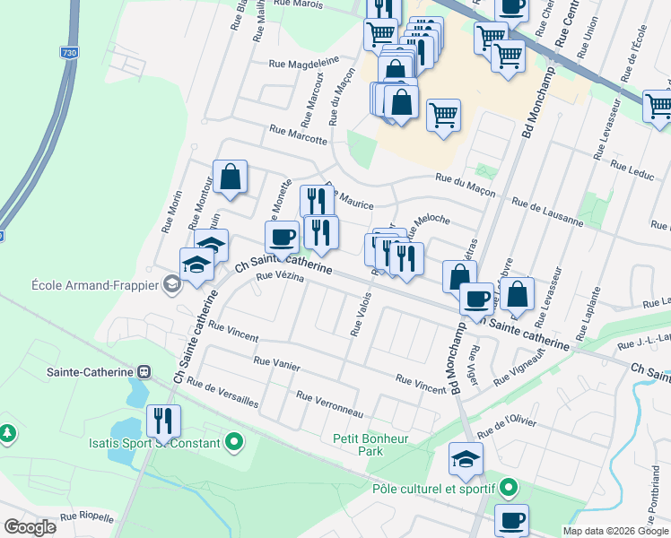 map of restaurants, bars, coffee shops, grocery stores, and more near 257 Rue Sainte-Catherine in Saint-Constant