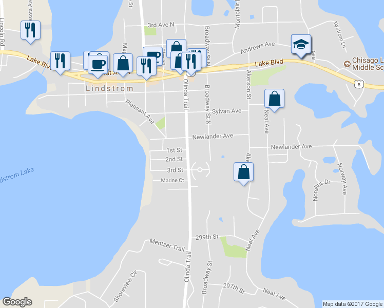 map of restaurants, bars, coffee shops, grocery stores, and more near 30225 Olinda Trail in Lindstrom