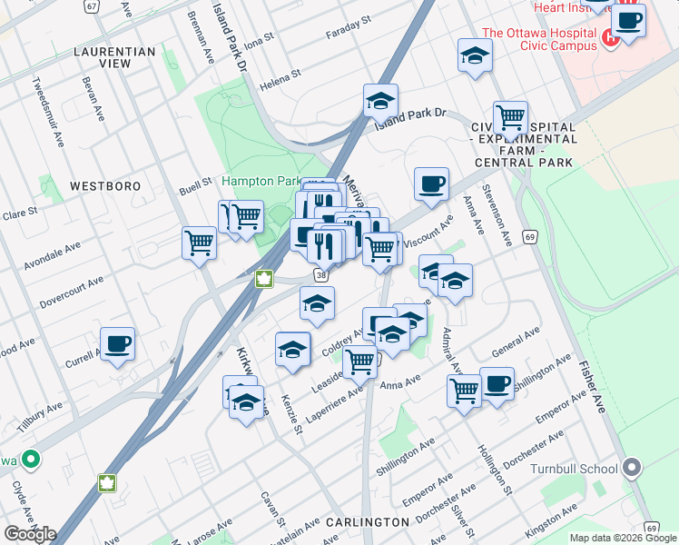 map of restaurants, bars, coffee shops, grocery stores, and more near 1316 Carling Avenue in Ottawa