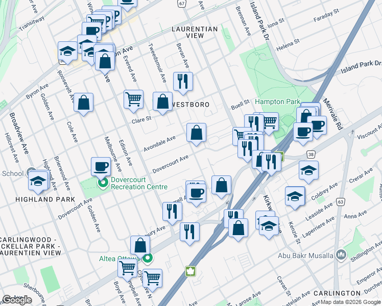 map of restaurants, bars, coffee shops, grocery stores, and more near 257 Dovercourt Avenue in Ottawa