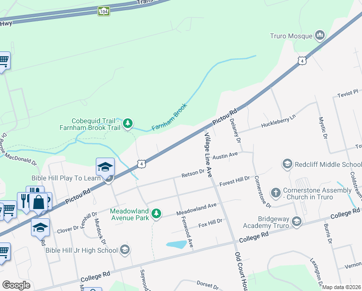 map of restaurants, bars, coffee shops, grocery stores, and more near 402 Pictou Road in Truro