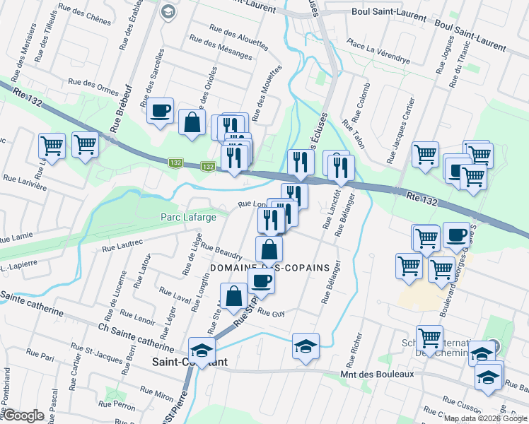 map of restaurants, bars, coffee shops, grocery stores, and more near 8 Rue Longtin in Saint-Constant