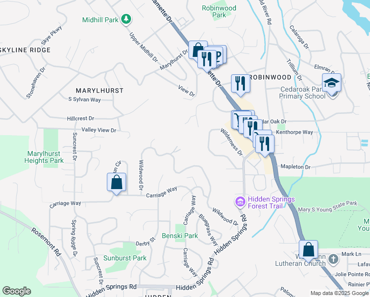 map of restaurants, bars, coffee shops, grocery stores, and more near 19700 Wildwood Drive in West Linn